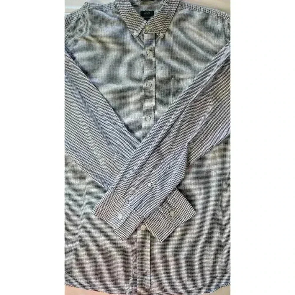 J. CREW Classic Cotton Poplin Dress Shirt in Micro Gingham check blue Large